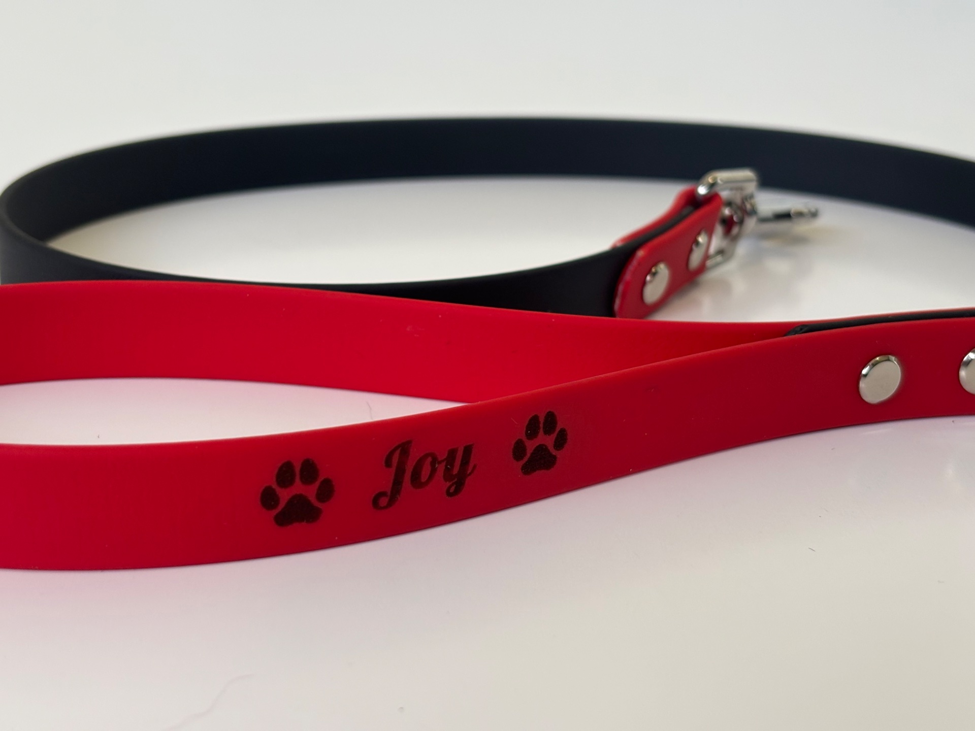 Laisse biothane rouge et noire longueur 1m avec gravure sur la poignée