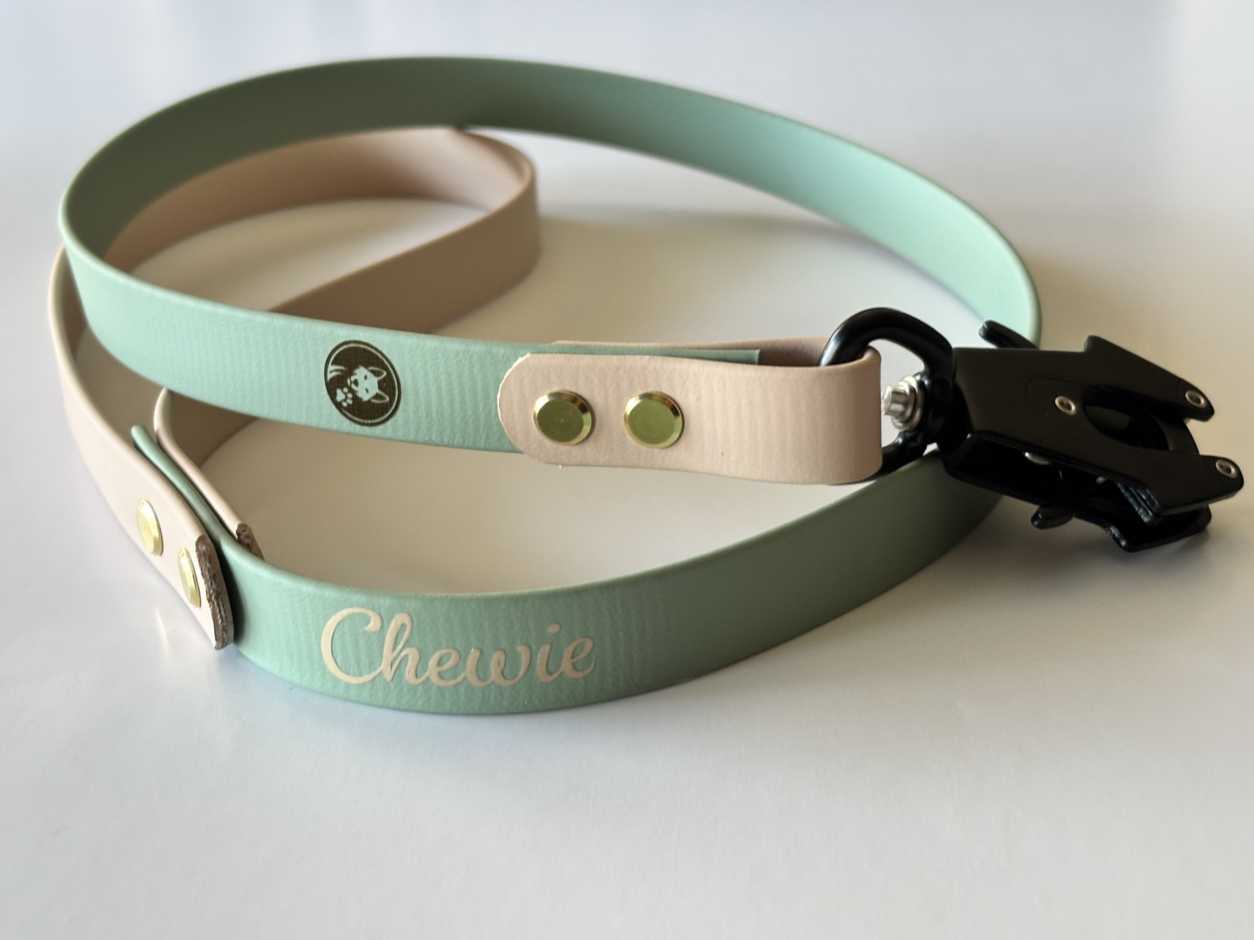 Laisse vert sauge et sable, personnalisation or, mousqueton ultra résistant